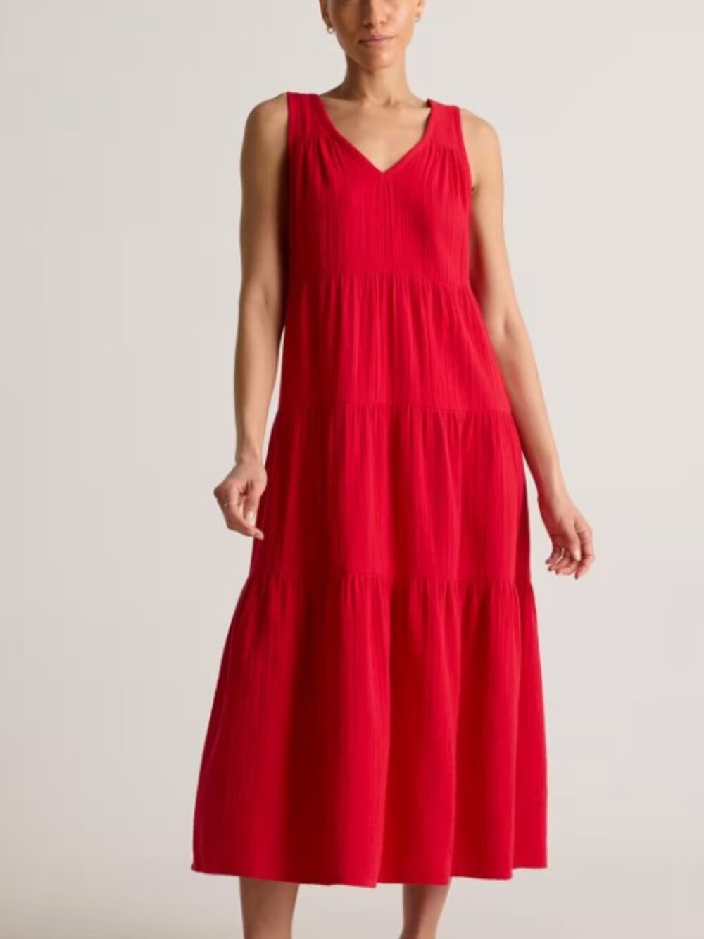 NWOT Quince Organic Cotton Gauze Tiered Maxi Dress Wild Cherry Red L